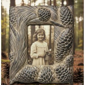 Pinecone 7.5 X 9 Picture Frame Holds 3 1/2 X 5 Rustic Woodsy MCM Retro Vtg Cabin